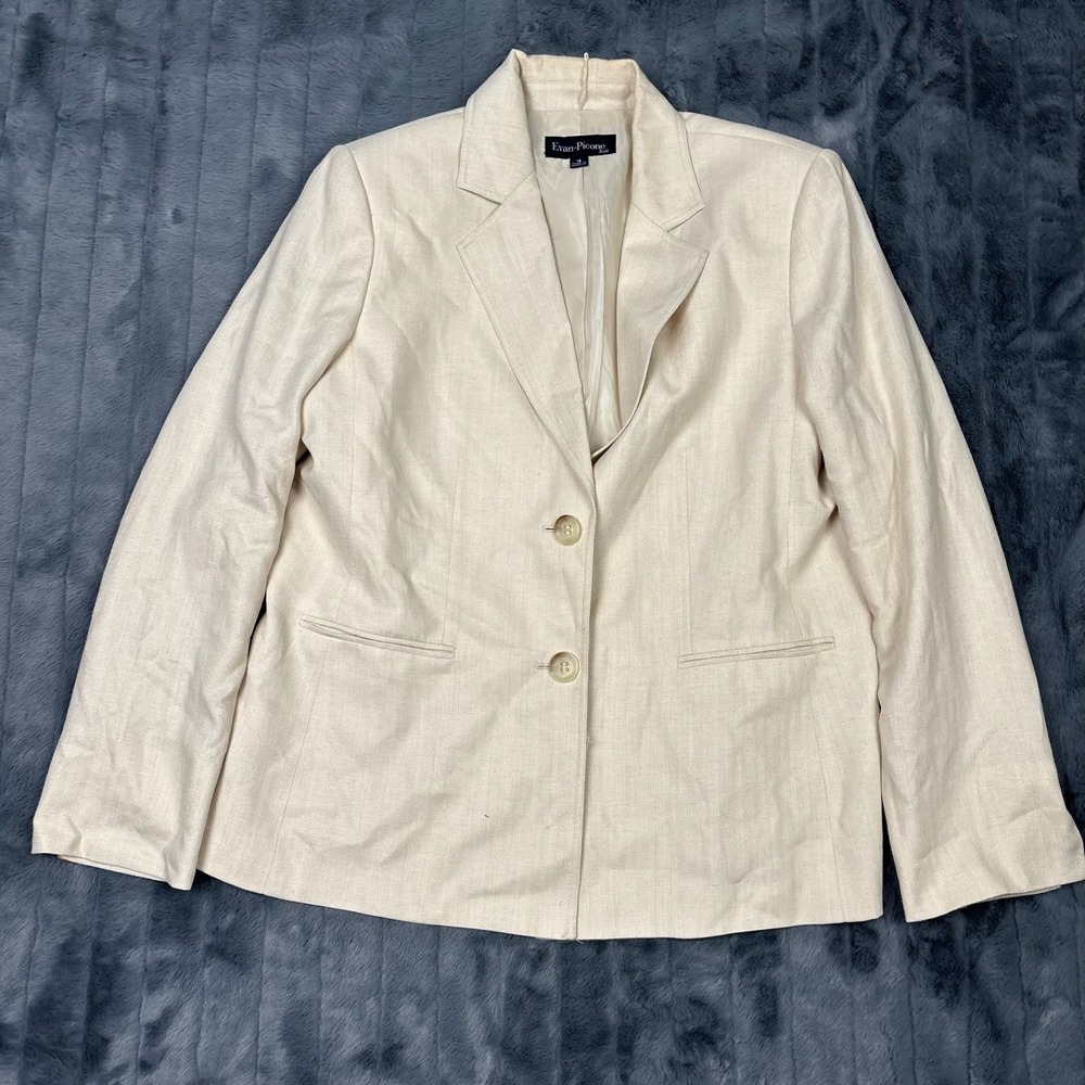 Evan-Picone Suit Womens 16 Blazer Cream Beige Linen Blend 2 Button Jacket Lined